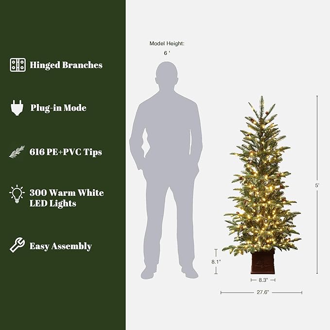 LuxenHome 5FT Potted Christmas Trees, Small Christmas Tree with 300 Warm White LED Lights, Slim Christmas Tree Pre-lit with Pine Cone and Brown Square Base, Artificial Trees for Holiday Decorations