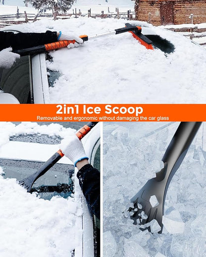 [Upgrade] Ice Scraper & Extendable Snow Brush for Car Windshield [Military-Grade Sturdy] - 360° Pivoting Brush Head with Silicone Grip for Effortless One-Swipe Clean on Auto (Large)