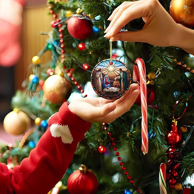 Nativity Night Ornaments Round Ceramic Stained Glass Style Birth of Jesus Christ Ornament Christmas Keepsake Decor for Christmas Tree Winter for Women Men Xmas Hanging Ornament 3"