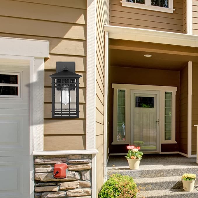 Outdoor Wall Lantern, Exterior Light Fixture Wall Mount, 1-Light Waterproof Outdoor Lighting Fixture with Seeded Glass for Porch, Garage, Patio, Hallway, Entryway, Black