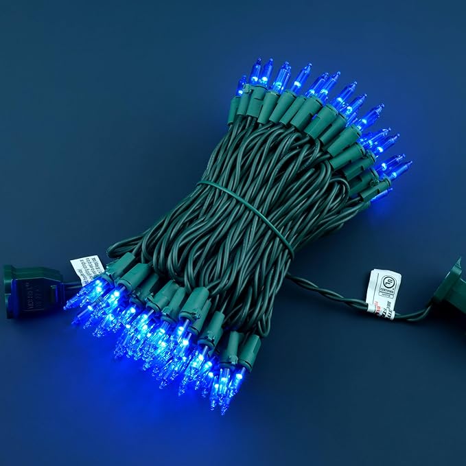 YULETIME 100 Count Blue Christmas Lights, 33 Feet Green Wire UL Certified Incandescent-Like LED Mini String Lights