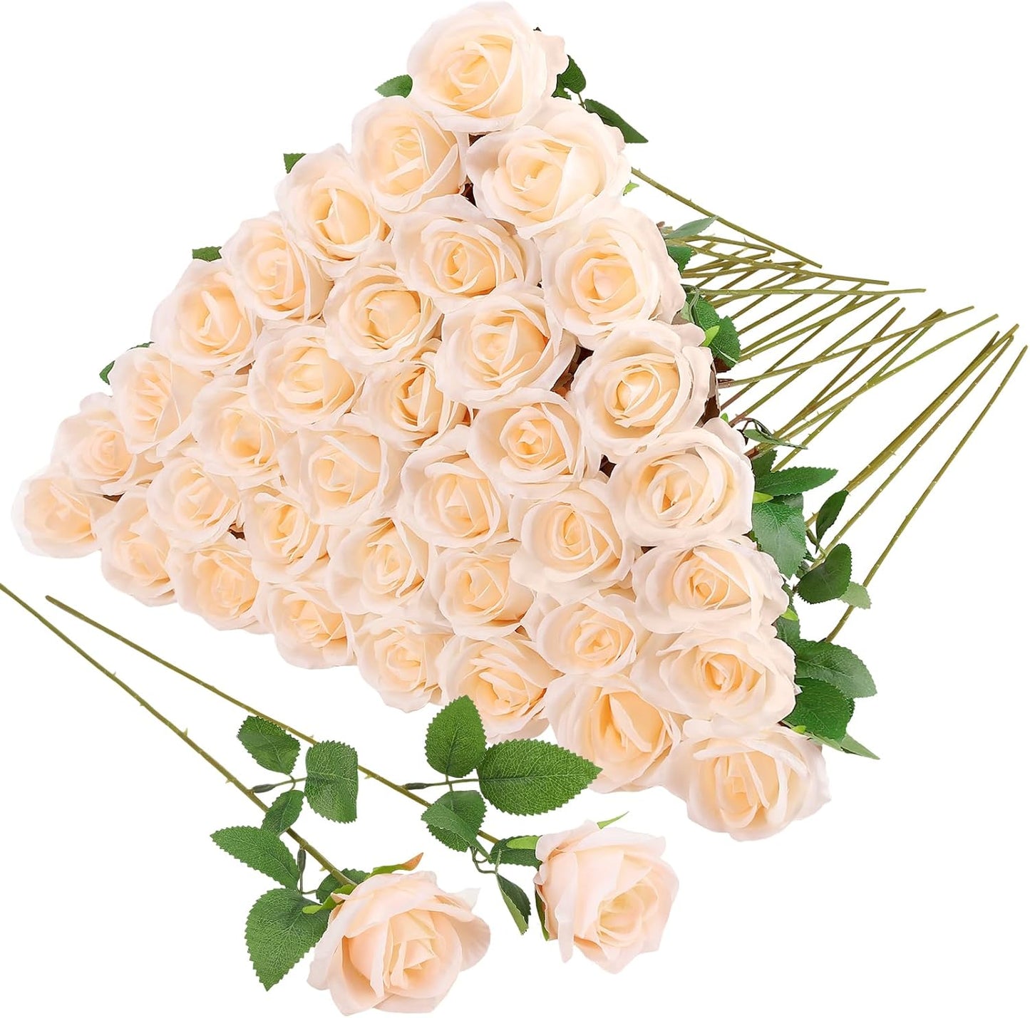 36 Pcs Champagne Artificial Roses with Long Stems, Fake Silk Rose Artificial Flowers Bulk for Bridal Wedding Bouquet Centerpiece Ball Arrangement Party Decor