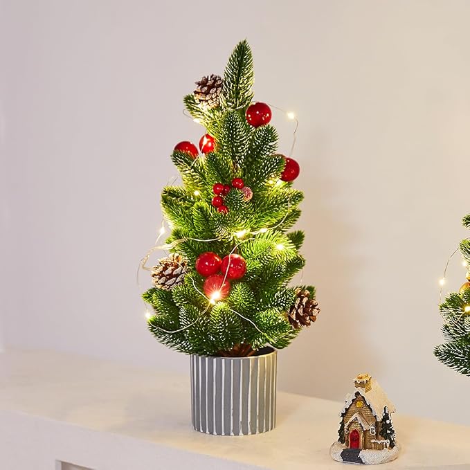 Classic Small Christmas Tree Table Decor - Mini Tabletop Artificial Tree Indoor Christmas Holiday Centerpiece for Desktop Home Office Bedroom Decor Gift(Red Pine)