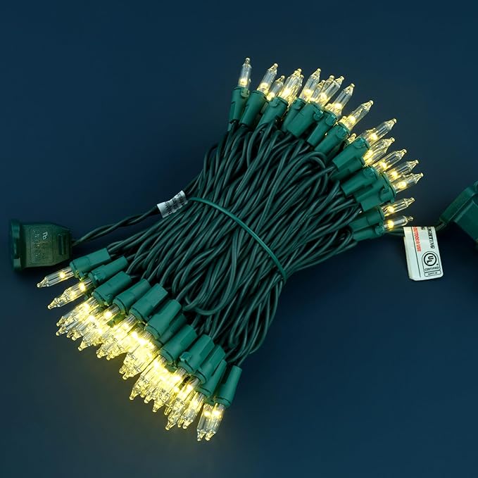 YULETIME 100 Count Clear Warm White Christmas Lights, 33 Feet Green Wire UL Certified Incandescent-Like LED Mini String Lights