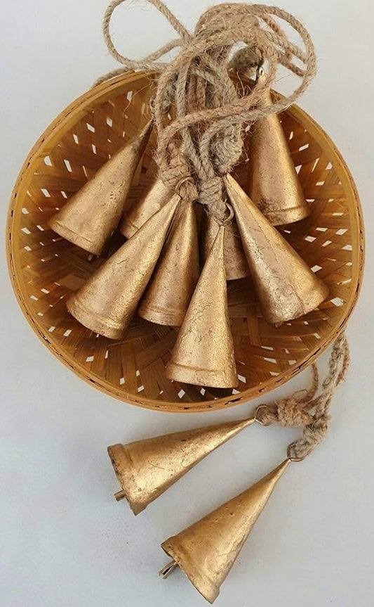 Set of 10 Vintage Rustic Tin Bells Wall Hanging Décor 6cm Big Bells On Jute Rope Christmas Hanging Jingle Bells (Cone)