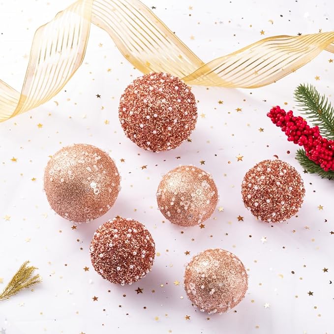 12CT Christmas Ball Ornaments, Rose Gold Christmas Ball Decorations Shatterproof Plastic Hanging Pearl Balls for Holiday Party(70mm/2.76")