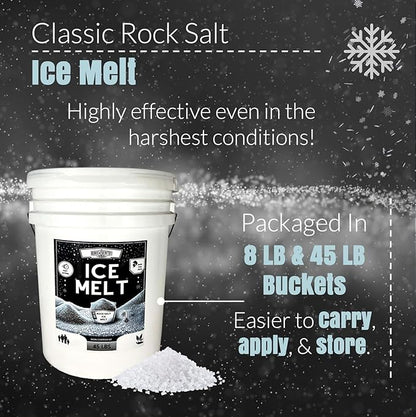 Rock Salt Ice Melt Pail Effective to -25°F, Eco-Friendly De-Icer, Optimal Granule Size for Quick Melting, Ideal for Driveways, Walkways, and Entryways (20 lb)
