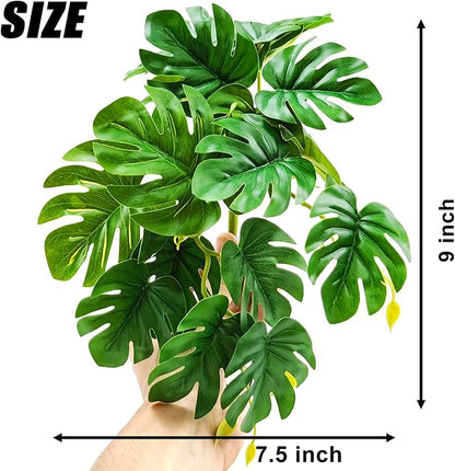 Woyrise Reptile Plants, Terrarium Hanging Plant Vines, Artificial Leaves with Suction Cup, Bearded Dragon Tank Accessories for Gecko Lizard Snake Frog Tortoise Decorations - Monstera
