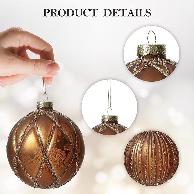 DN DECONATION 4PCS Christmas Ball Ornaments – 4” Brown Glass Hanging Ball Ornaments Set for Christmas Tree with Shimmering Gold Lines, Winter Decor Holiday Decorations Xmas Gifts