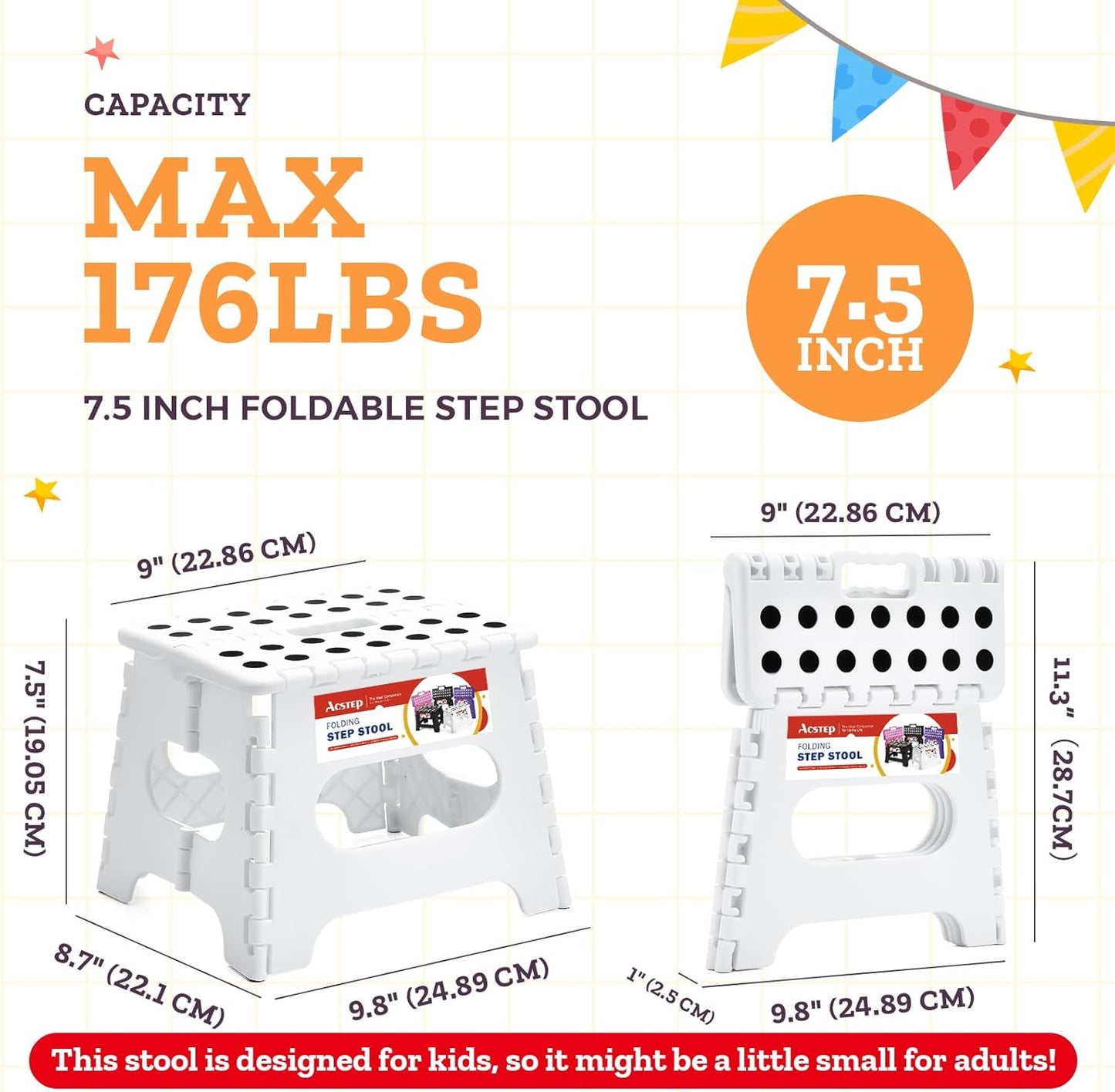 ACSTEP 7.5 Inch Folding Step Stool Foldable Stool Height Kids Step Stool, 176 lb Capacity Plastic Collapsible Stool, White Small Stepping Stools, Foot Stools Suitable for Kitchen