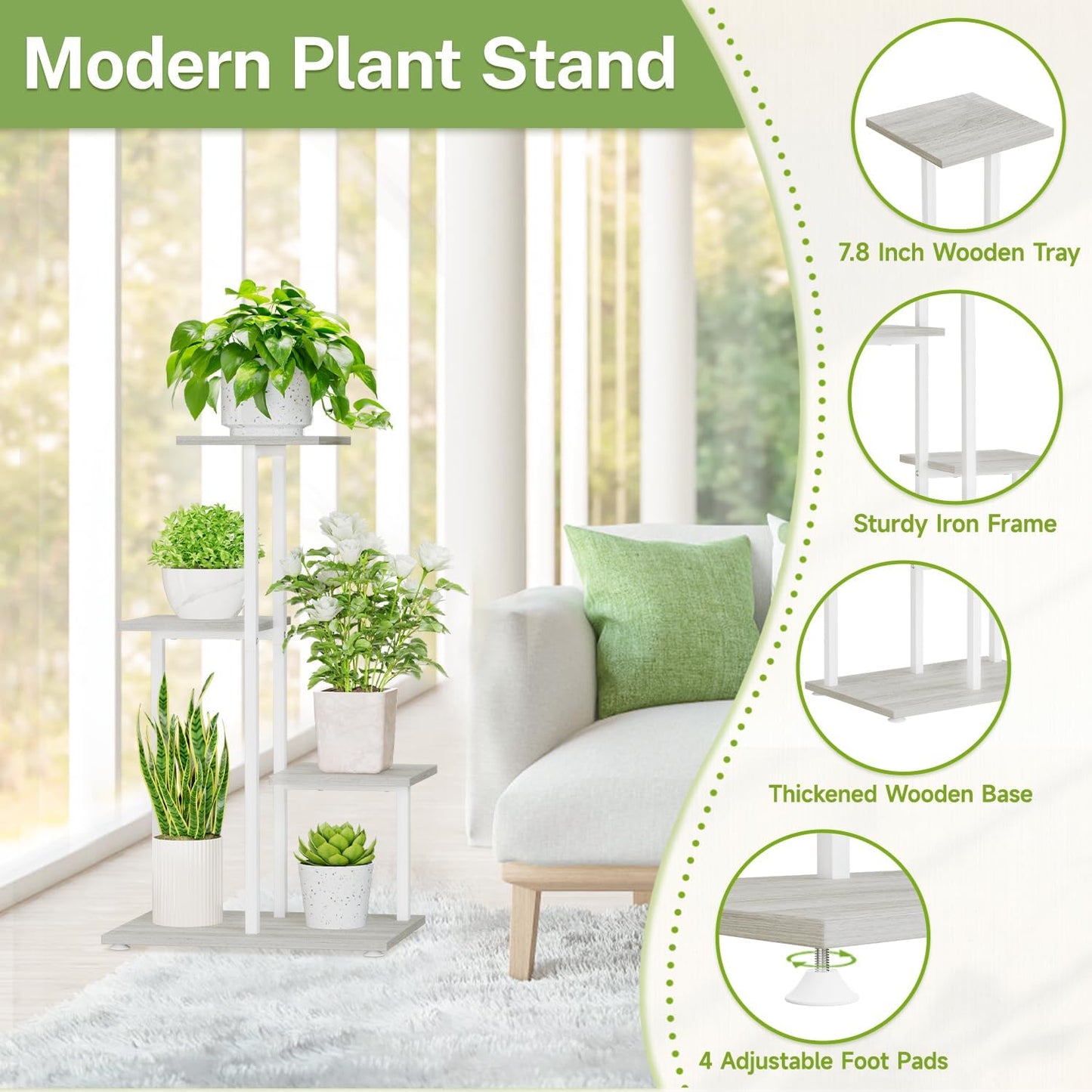 iDavosic.ly 4 Tier Plant Stand Indoor, Tiered Corner Plant Shelf for Multiple Plants, Metal Wood Tall Plant Display Rack Flower Holder for Patio Porch Garden Balcony Bedroom, White