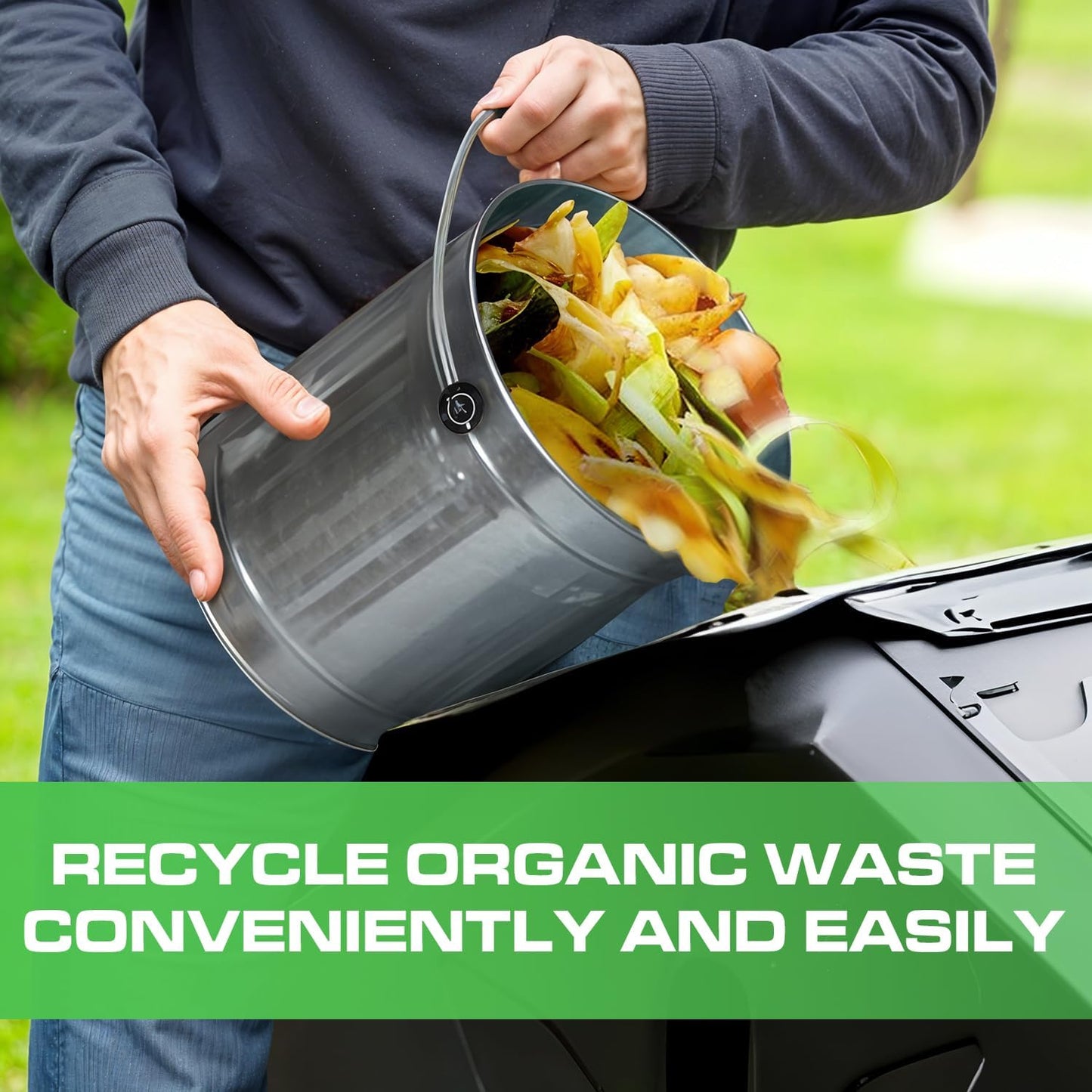 Plexon Countertop Compost Bin Kitchen Indoor, with Lid, Silver 1.5 Gallon Odorless Kitchen Compost Container, Steel Food Bucket Pail with Charcoal Filter, Silver