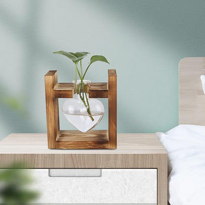 Zerodis Plant Terrarium with Wooden Stand,Heart Shaped Transparent Glass Vase Flower Pot Hydroponics Plant Propagation Station for Hydroponics Plants Home Office Decor (Retro Box + 1