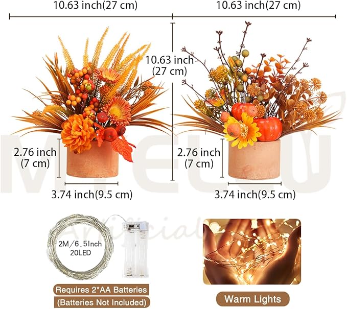 Thanksgiving Centerpiece Fall Table Flower - 2 Pack Lighted Realistic Artificial Table Plant with Western Modern Boho Rustic Aesthetic Bouquet Fall Decor Gift for Home Farmhouse