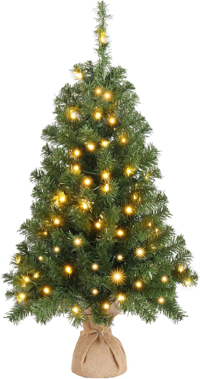 VINGLI 3ft Pre-lit Artificial Christmas Tree, Mini Tabletop Xmas Tree with 150 Branches Tips for Christmas Party Home Indoor Decoration (Battery Operated)