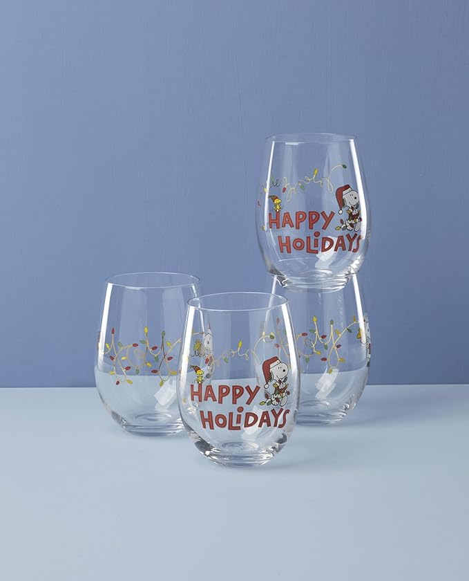 Lenox 896894 Snoopy Christmas Glass Tumblers, Set of 4, Assorted