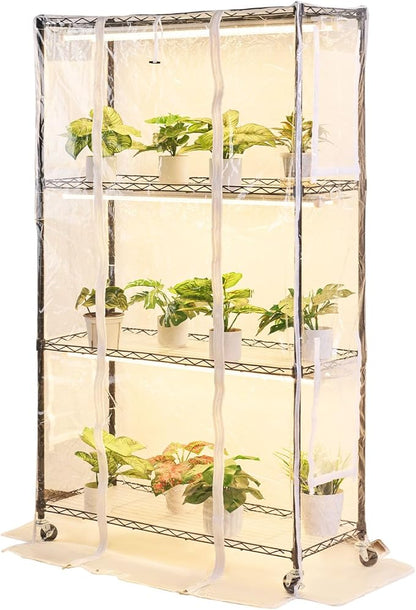 VEVOR Indoor Greenhouse with Grow Light, 59 in Tall 4-Tier Plant Stand with Clear Cover, Timer & Hygrometer, 180W Full Spectrum Grow Lights, Metal Lighted Plants Shelf Holder for Indoor Plants