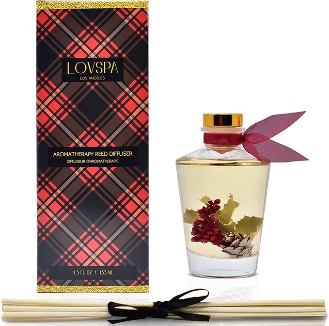 LOVSPA Reed Diffuser Set, Holiday Red Currant & Woods Scented Oil Diffuser with Sticks, Home Fragrance Accessories for Bathroom Shelf Decor, Aroma Diffusers for Home or Office Desk, USA Made