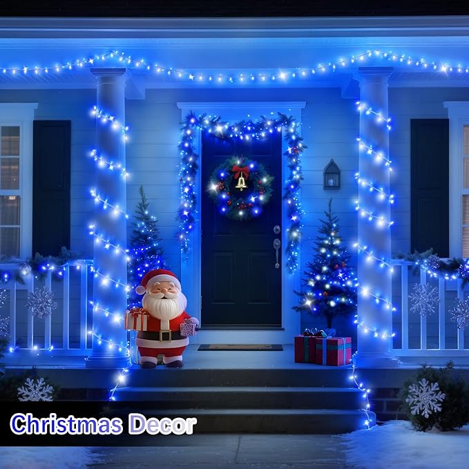 200 FT 500 LED Christmas Lights Outdoor Fairy Lights Plug In Extra Long String Lights Clear Wire Waterproof 8 Modes Timer for Outside House Tree Garden Yard Wedding Party Decorations-Blue & White