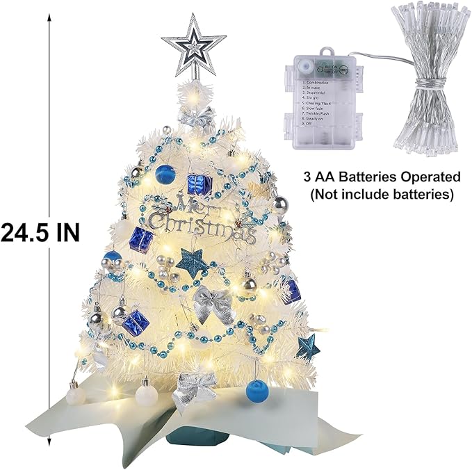 Juegoal White Mini Christmas Tree, 24 Inch/2 FT Lighted Tabletop Artificial Xmas Pine Tree, Small Spruce Tree Light Up Battery Operated & Timer with 50 LED Lights, for Holiday Winter Home Party Decor