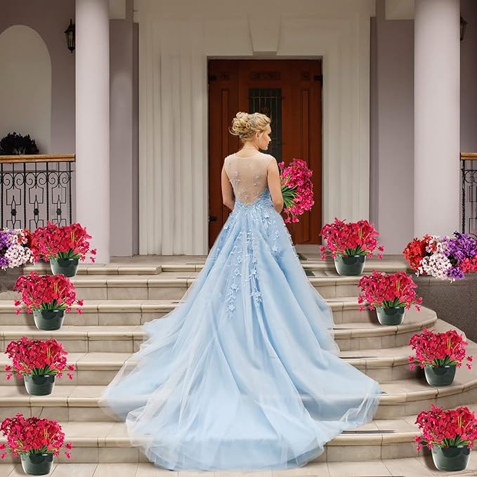 20 Bundles Artificial Flowers Outdoor UV Resistant Fake Flowers No Fade for Patio Porch Window Box Home Wedding Farmhouse Decor (Rose Red)