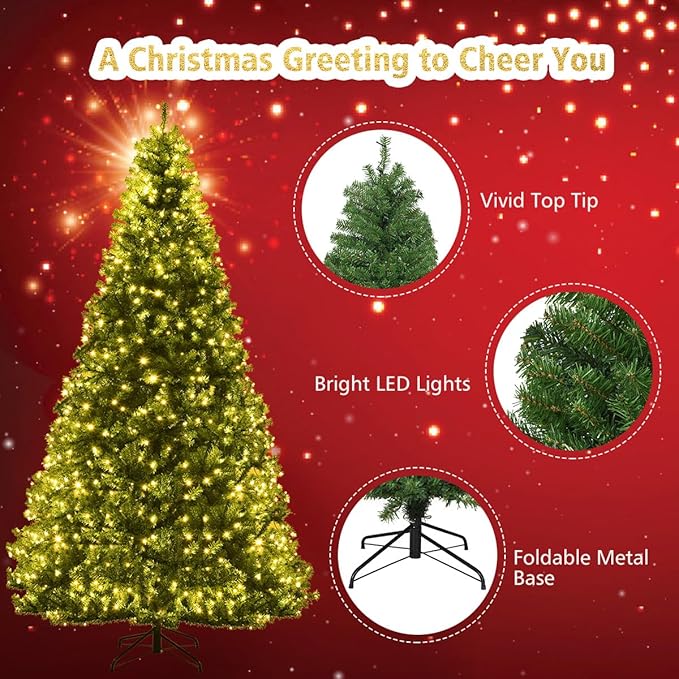 COSTWAY 9 FT Pre-lit Christmas Tree, Artificial Xmas Tree with 1000 Warm White & Multicolored Lights, 11 Modes, 2944 Branch Tips, Metal Support, Holiday Decoration Fake Tree for Home, Office, Party