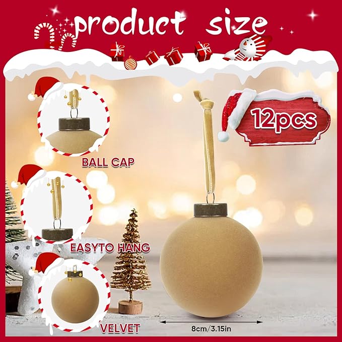 12 Pcs Velvet Christmas Balls Bulk Shatterproof Plastic Christmas Tree Decorations for Decorative Hanging Baubles (12, Khaki, 3.15Inch)