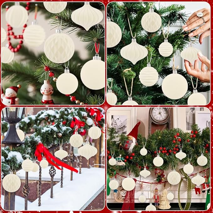 28PCS Velvet Christmas Balls Ornaments, Flocked Shatterproof Beige Cream Xmas Tree Hanging Decoration Plastic Ball Set Bulk Ornament for Winter Trees Holiday Party Home Wreath Decor