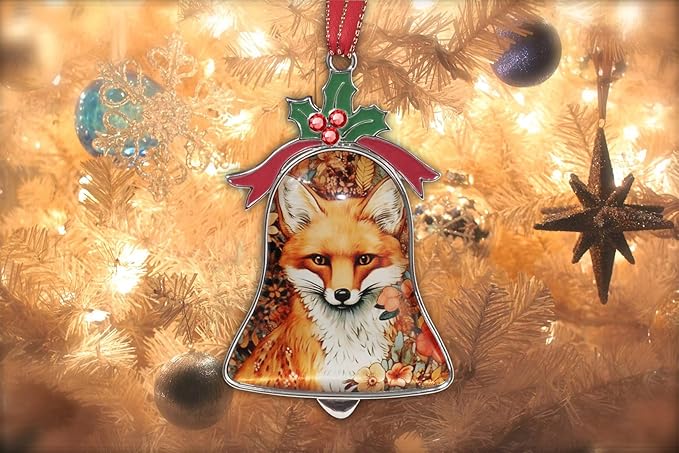 Christmas Ornament Bell Pendant Decorative Metal Glass Hanging Christmas Bell Ornaments for Home Decoration Party Decor (Flower Cute Fox)