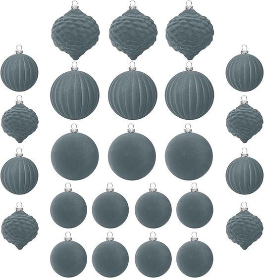 KI Store Velvet Christmas Balls Lux Gray 25pcs Flocked Christmas Tree Ornaments Assortment for Xmas Tree Holiday Decor