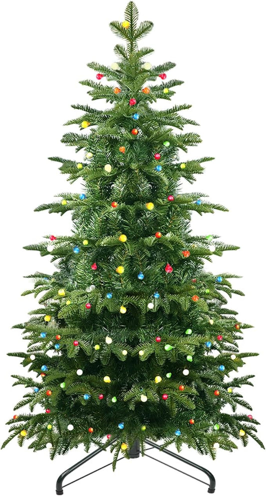 5Ft Prelit Artificial Christmas Tree, Lighted Aspen Fir Christmas Tree with Multicolor Globe Lights and Metal Stand, Slim PE & PVC Mixed Layered Xmas Tree for Holiday Home Decor