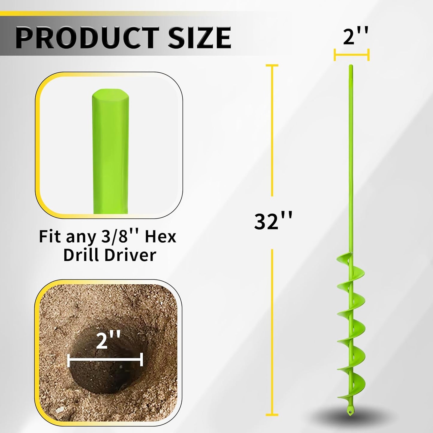 2”x32“ Auger Drill Bit for Planting, Garden Auger for Planting Bulbs, Easy Garden Auger with Drill for 3/8”Hex Drive