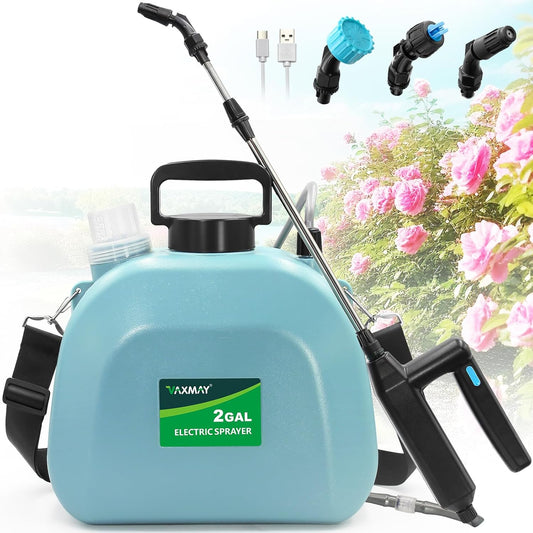Battery Powered Sprayer 2 Gallon, Upgrade Powerful Electric Garden Sprayer with 3 Mist Nozzles, Rechargeable Handle, Retractable Wand, Adjustable Shoulder Strap for Lawn,Garden,Cleaning