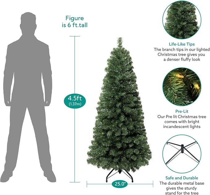 Vienna 4.5ft Prelit Slim Artificial Christmas Tree with 444 Branch Tips, 150 Warm Lights and Metal Stand, 25" Wide Realistic Skinny Pencil Christmas Tree with Lights by Naomi Home