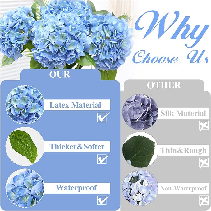 Nubry 22.44In Blue Hydrangea Artificial Flowers,4Pcs Latex Faux Real Touch Large Hydrangea Flowers with Long Stems & Leaves for Home Office Decor Wedding Party Arrangements(Blue)