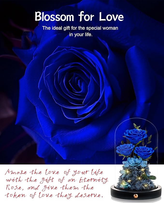 Flowers Roses Gifts for Mom Grandma,Forever Preserved Rose in Glass Dome, Christmas Anniversary Thanksging Birthday Real Roses Gifts for Wife Women Mother in Law/Blue