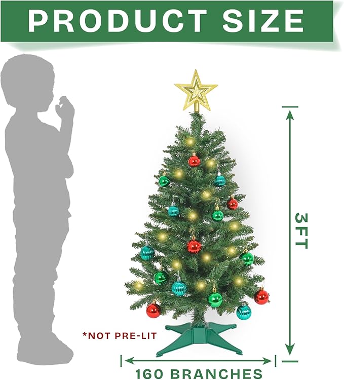 Sunshine Green Christmas Tree with Light 3ft Artifical Full Christmas Tree with Ball & Star Ornaments 8 Lighting Modes for Holiday Decor