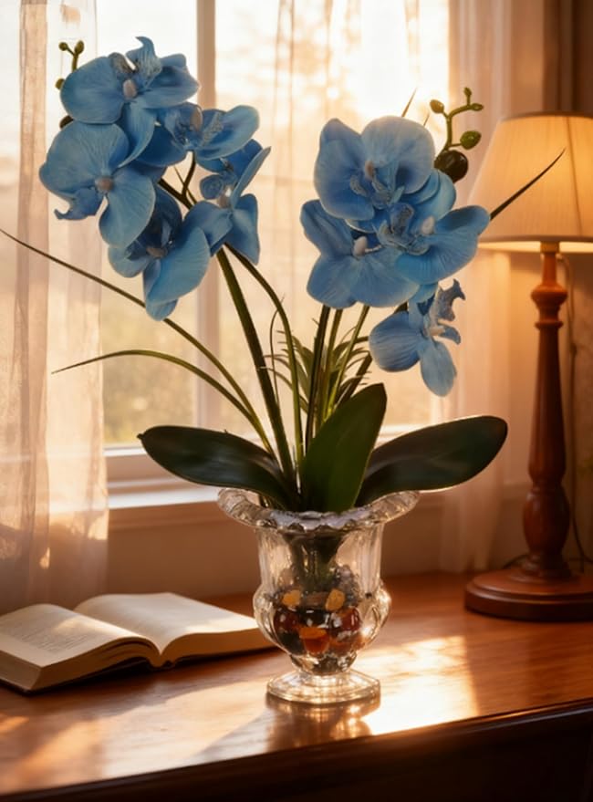 Jusdreen Artificial Blue Orchid in Glass Vase, Realistic Phalaenopsis Arrangement with Potting for Home Office Table Decor, 14.5 Inch Orchid Centerpiece
