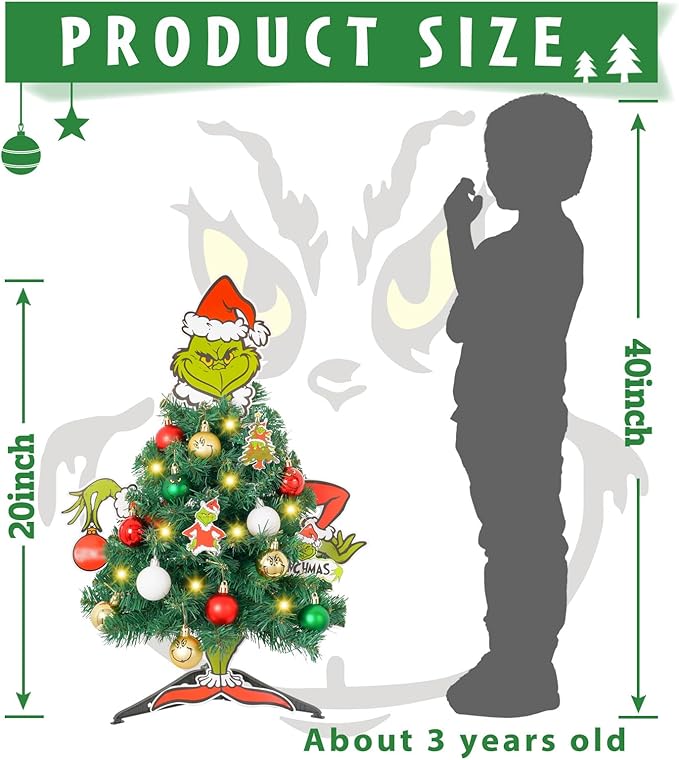 Mini Christmas Tree with Head Arms Legs Tabletop Small Christmas Tree with Lights Thief Body Decorative Ornaments for Home Party Decor