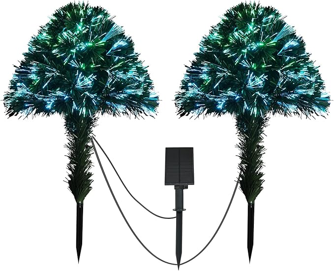 2 Pack Outdoor Christmas Tree with Lights, Fiber Optic Xmas Trees Battery Operated with Multi-Color LEDs, 24 Inch Artificial Solar Power Christmas Tree for Porch Yard Garden Christmas Decor