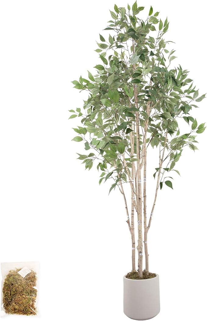 Artificial Fake Ficus Tree 8FT Tall 1Pack with White Planter & Free Moss, Artificial Plants Indoor, Artificial Trees for Home Decor Indoor, Faux Ficus Tree