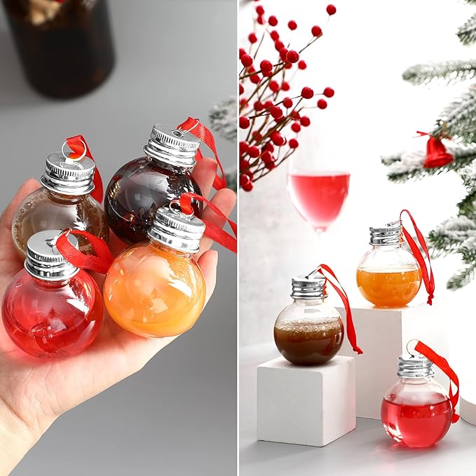 Patelai 18 Pcs Christmas Drink Balls Shot Glass Ornament Plastic Fillable Christmas Tree Ornaments Xmas Water Bottle Bulbs for Holiday Party Indoor Outdoor (Silver Lid)