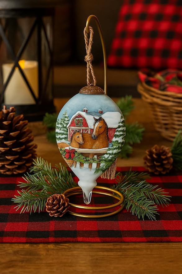 Horse Christmas Ornament – Hand-Painted Glass Horse Ornament for Christmas Tree – Holiday Horse Decorations with Mare and Foal – Farmhouse Barn Scene Ornament