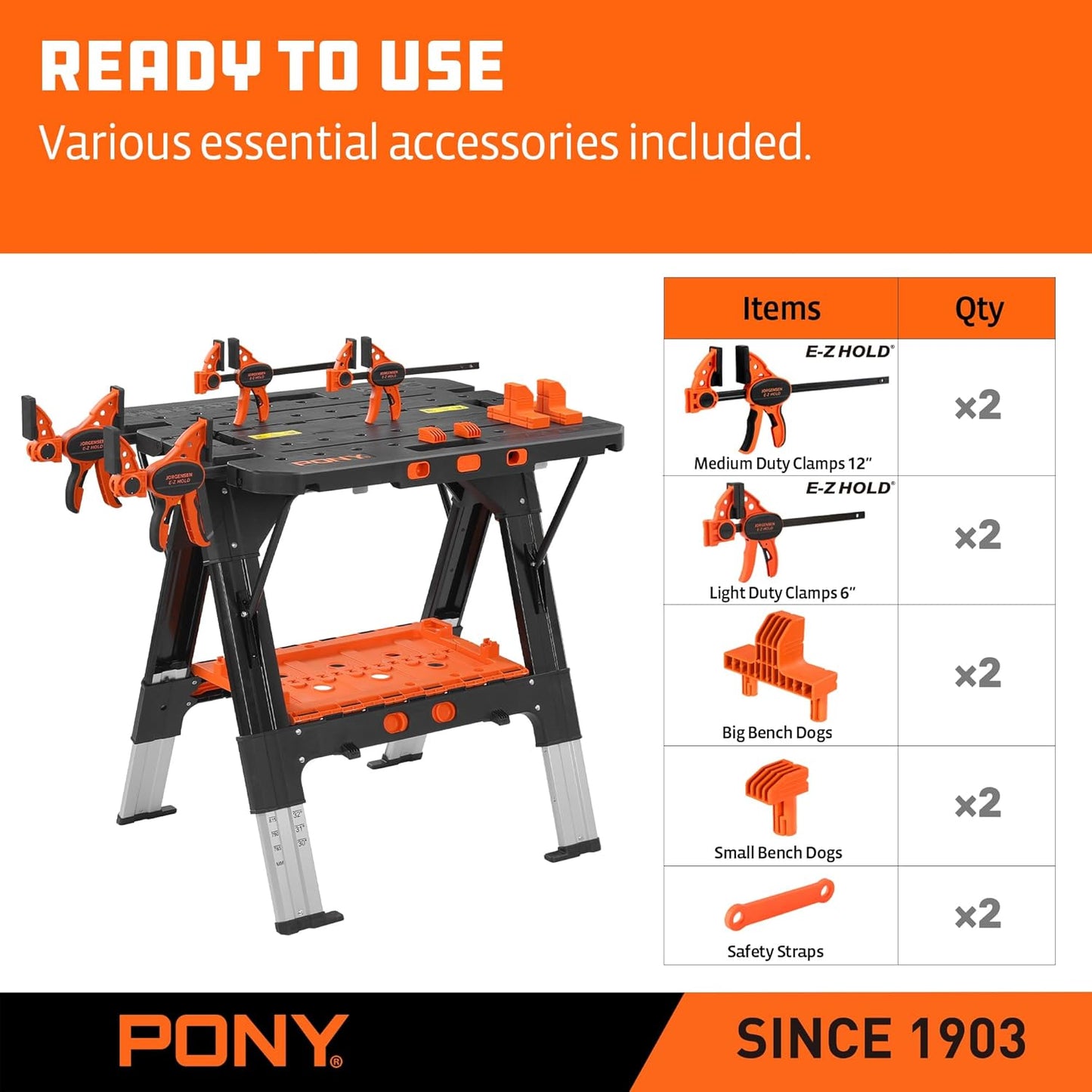 Pony Portable Folding Work Table, 2-in-1 as Sawhorse & Workbench, 31” W×25” D×25”-35”H, Large Load Capacity with 4pcs Clamps, 4pcs Bench Dogs