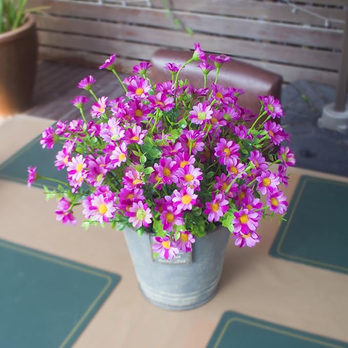 Artificial Flowers Outdoor 8 Bundles Red Fake Flowers Flores Artificiales Silk Daisies Eucalyptus Plants Fade Resistant Faux Wild Flower for Porch Patio Home Garden Pot (8 Bundles Red)