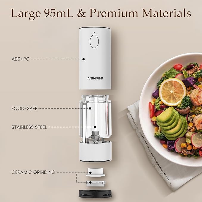 Rechargeable Electric Salt and Pepper Grinder Set, Adjustable Coarseness & LED Light, Stainless Steel Battery-Free Mill, Large Capacity, Gift Idea for Cooking - Black/White