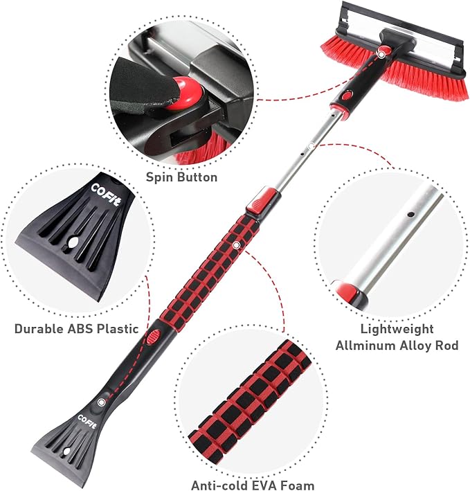 COFIT Car Snow Brush with Ice Scraper and Squeegee 3 in 1, 39" Extendable Cleaning Kit Long Handle, Windshield Snow Removal Tool Scratch Free for SUV Truck RV Window Roof Exterior Wash Supplies, Red