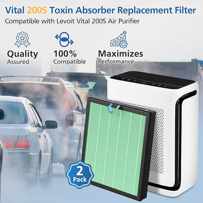 Vital 200S-P Toxin Absorber Replacement Filter Compatible with LEVOIT Vital 200S Air Purifier, 3-in-1 Filtration System Activated Carbon 200S Filter, Vital 200S-RF-TX (LRF-V201-GUS), 2 Pack, Green