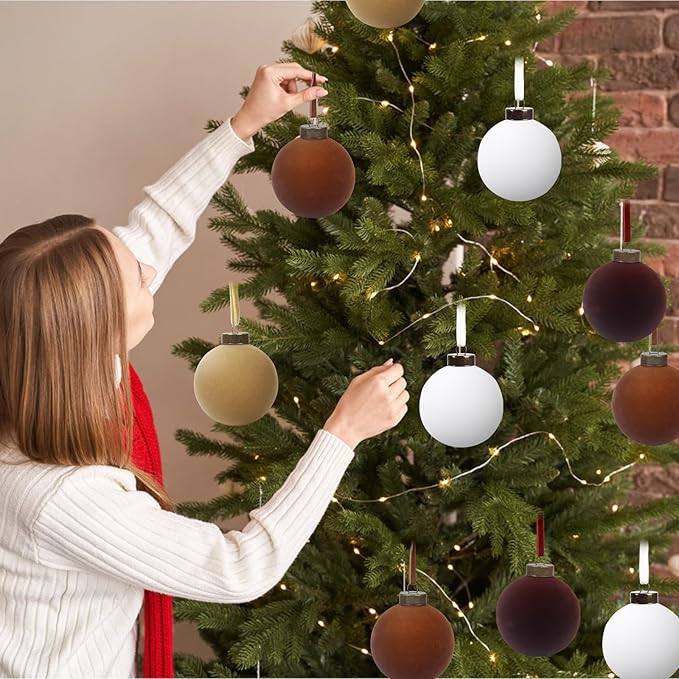 24 Pcs Velvet Christmas Balls Bulk Shatterproof Plastic Christmas Tree Decorations for Decorative Hanging Baubles (24, White、Khaki、Brown、Coffee, 3.15Inch)