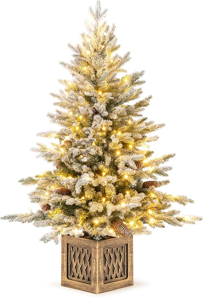 HAPPYGRILL 4 FT Pre-Lit Artificial Christmas Tree Flocked Xmas Tree with 231 PE PVC Branch Tips, 15 Natural Pine Cones, 100 Warm White LED Lights & Vintage Base, Decoration Tree for Party & Carnival